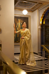 Golden Color Weightless Tissue Shimmer Saree