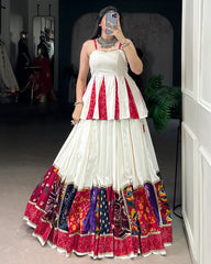 GRACEFUL WHITE NAVRATRI LEHENGA CHOLI WITH TRADITIONAL PRINTS