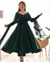 Gorgeous Green Georgette Lakhnavi Work Festival Wear Anarkali Suit