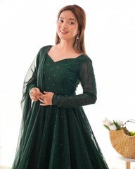 Gorgeous Green Georgette Lakhnavi Work Festival Wear Anarkali Suit