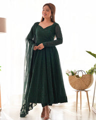 Gorgeous Green Georgette Lakhnavi Work Festival Wear Anarkali Suit