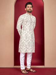 Grey Wedding Mens Kurta Pajama In Rayon With Heavy Lucknowi And Printed Work