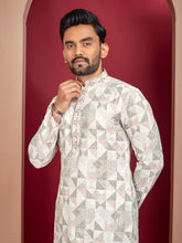 Grey Wedding Mens Kurta Pajama In Rayon With Heavy Lucknowi And Printed Work