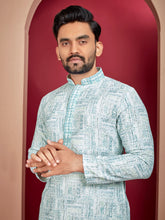 Sky Wedding Mens Kurta Pajama In Rayon With Heavy Lucknowi And Printed Work