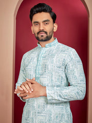 Sky Wedding Mens Kurta Pajama In Rayon With Heavy Lucknowi And Printed Work