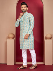 Sky Blue Wedding Mens Kurta Pajama In Rayon With Heavy Lucknowi And Printed Work