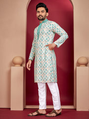 Teal Wedding Mens Kurta Pajama In Rayon With Heavy Lucknowi And Printed Work
