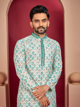 Teal Wedding Mens Kurta Pajama In Rayon With Heavy Lucknowi And Printed Work
