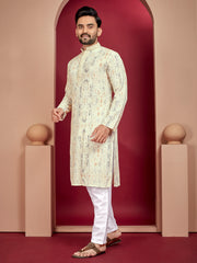 Yellow Wedding Mens Kurta Pajama In Rayon With Heavy Lucknowi And Printed Work