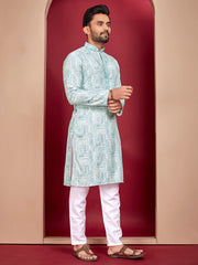 Sky Wedding Mens Kurta Pajama In Rayon With Heavy Lucknowi And Printed Work