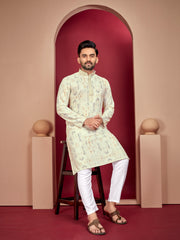 Yellow Wedding Mens Kurta Pajama In Rayon With Heavy Lucknowi And Printed Work