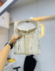 Yellow Wedding Mens Kurta Pajama In Rayon With Heavy Lucknowi And Printed Work