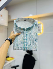 Sky Wedding Mens Kurta Pajama In Rayon With Heavy Lucknowi And Printed Work