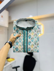 Teal Wedding Mens Kurta Pajama In Rayon With Heavy Lucknowi And Printed Work