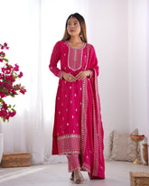Rani Pink Color Chinon Silk Three Piece Kurti Suit