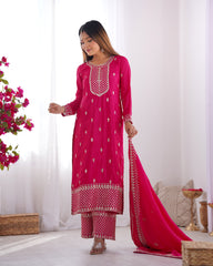 Rani Pink Color Chinon Silk Three Piece Kurti Suit