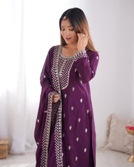 Wine Color Chinon Silk Three Piece Kurti Suit