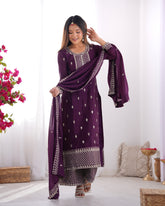 Wine Color Chinon Silk Three Piece Kurti Suit
