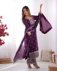 Wine Color Chinon Silk Three Piece Kurti Suit