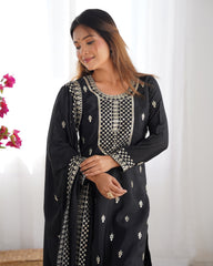 Black Color Chinon Silk Three Piece Kurti Suit