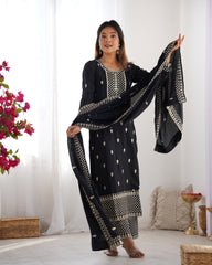 Black Color Chinon Silk Three Piece Kurti Suit
