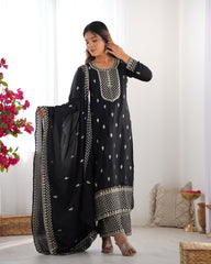 Black Color Chinon Silk Three Piece Kurti Suit