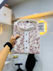 White Wedding Kurta Pajama For Men With Maroon Thread Lucknowi And Sequence Work