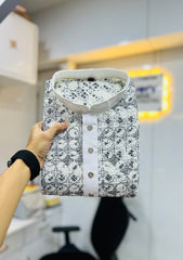 White Wedding Kurta Pajama For Men With Black Thread Lucknowi And Sequence Work