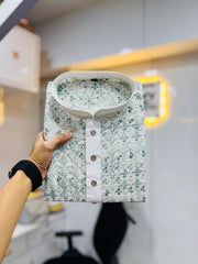 White Wedding Kurta Pajama For Men With Green Thread Lucknowi And Sequence Work