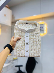 White Wedding Kurta Pajama For Men With Mustard Thread Lucknowi And Sequence Work