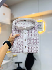 White Wedding Kurta Pajama For Men With Lavender Thread Lucknowi And Sequence Work