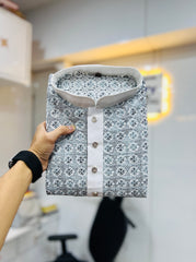 White Wedding Kurta Pajama For Men With Blue Thread Lucknowi And Sequence Work