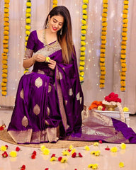 SPLENDOROUS PURPLE SOFT BANARASI SILK SAREE WITH LUXURIANT BLOUSE PIECE