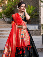 Amazing Black Zari Weaving Jacquard Paithani Lehenga Choli