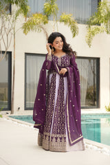 Glamorous Wine Embroidered Function Wear Gown With Dupatta