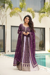 Glamorous Wine Embroidered Function Wear Gown With Dupatta