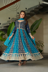 Gorgeous Rama Blue Georgette Zari Embroidered Gown With Dupatta