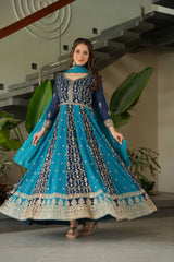 Gorgeous Rama Blue Georgette Zari Embroidered Gown With Dupatta