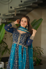 Gorgeous Rama Blue Georgette Zari Embroidered Gown With Dupatta
