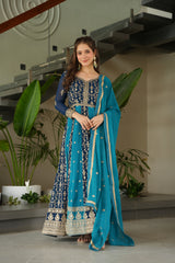 Gorgeous Rama Blue Georgette Zari Embroidered Gown With Dupatta