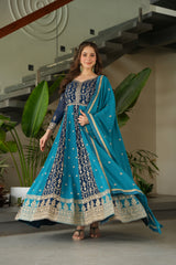 Gorgeous Rama Blue Georgette Zari Embroidered Gown With Dupatta
