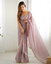 SPECTACULAR LIGHT MAUVE TISSUE SILK PRE STITCHED SAREE WITH BLOUSE