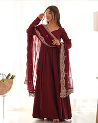 Bewitching Maroon Silk Traditional Anarkali Suit With Dupatta