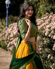 GREAT YELLOW ZARI WEAVING KANCHIPURAM SILK FUNCTION WEAR LEHENGA CHOLI