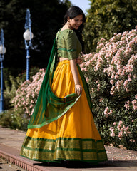 GREAT YELLOW ZARI WEAVING KANCHIPURAM SILK FUNCTION WEAR LEHENGA CHOLI