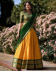 GREAT YELLOW ZARI WEAVING KANCHIPURAM SILK FUNCTION WEAR LEHENGA CHOLI