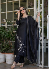 CHARMING BLACK EMBROIDERED VISCOSE PANT SUIT WITH DUPATTA