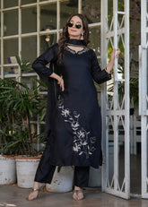 CHARMING BLACK EMBROIDERED VISCOSE PANT SUIT WITH DUPATTA