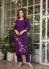 MESMERIZING WINE EMBROIDERED VISCOSE FESTIVAL WEAR PANT SUIT