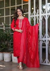 LOVELY RED EMBROIDERED VISCOSE FESTIVAL WEAR PANT SUIT WITH DUPATTA